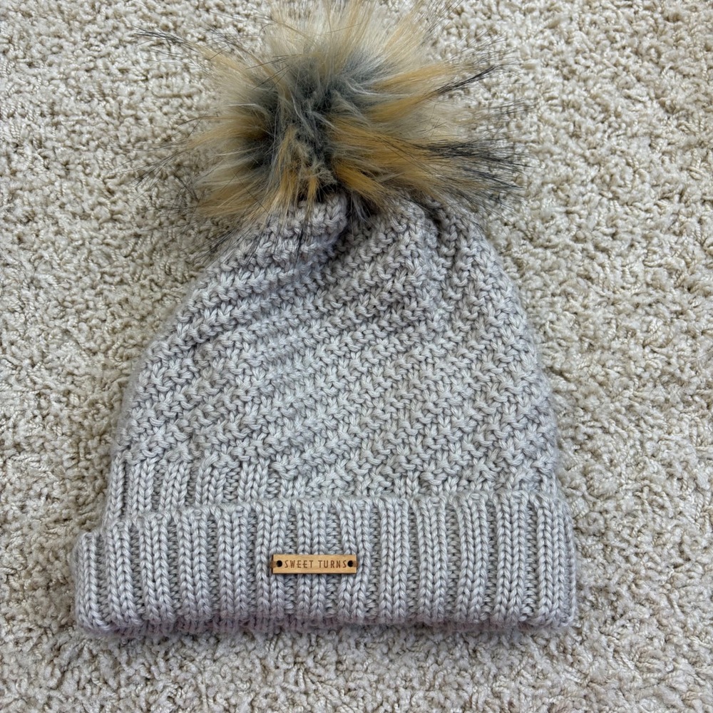 Sweet Turns Women Taupe Wool Blend Fleece Lined Faux Fur Pom Beanie Hat